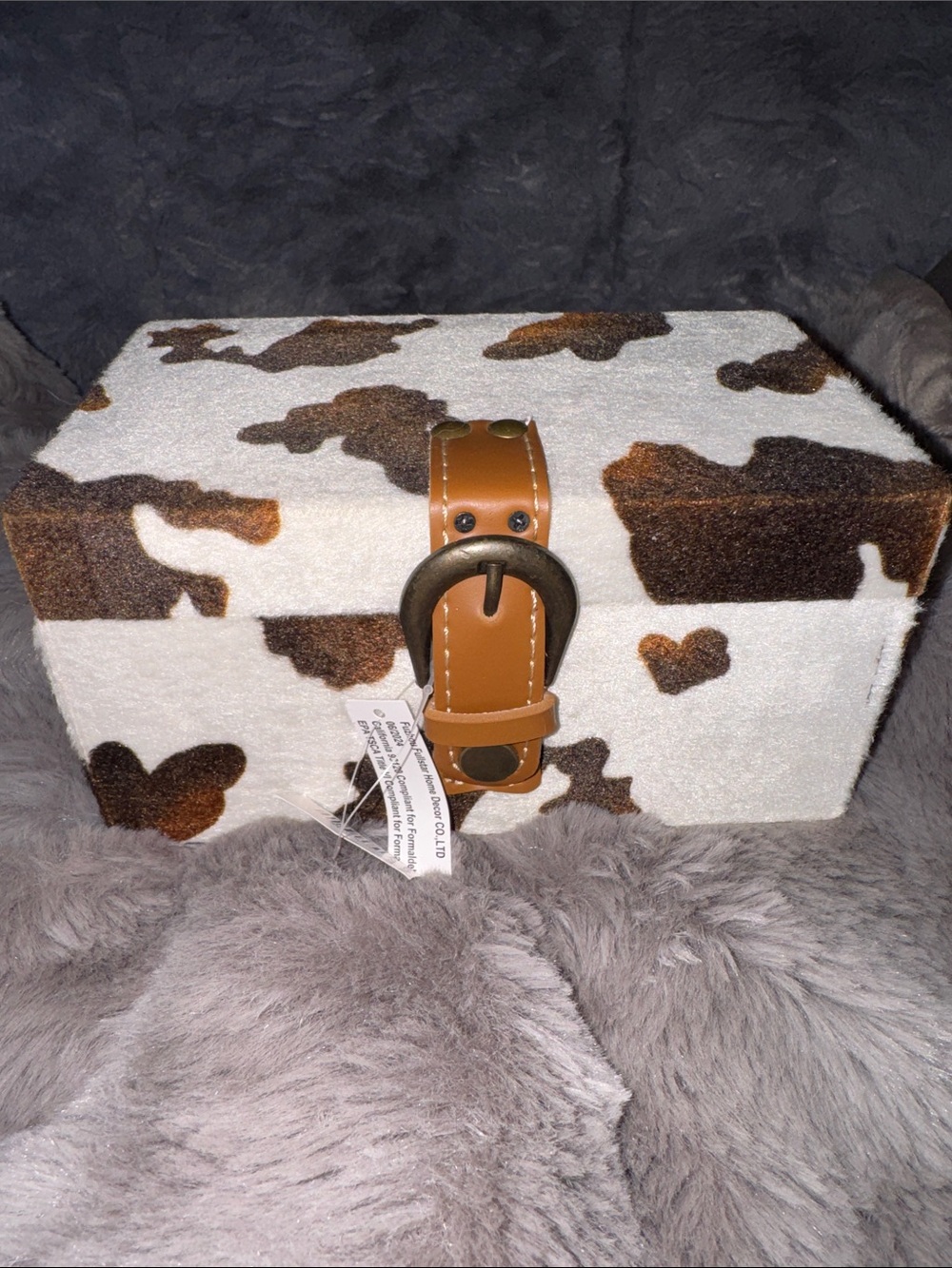 Faux Cowhide Jewelry Box with Tan Buckle Accent